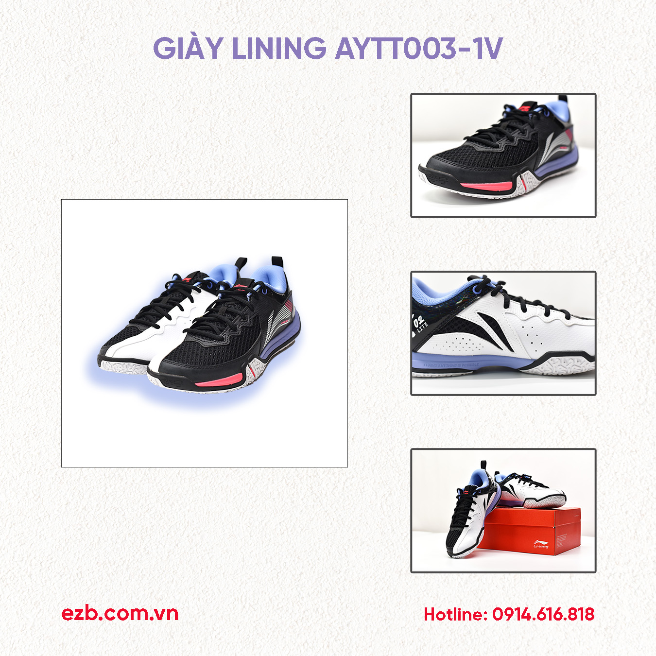 GIÀY CẦU LÔNG LINING AYTT003 ĐEN TRẮNG CHÍNH HÃNG 